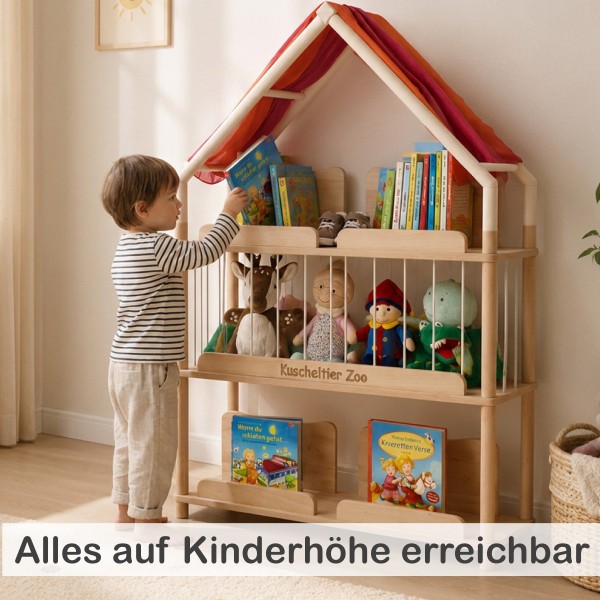 Montessori Bücherregal BERGEN im Größenvergleich mit zwei Kindern und übersichtlich dargestellten Produktmaßen.